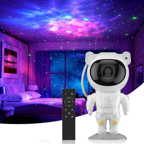 Astronaut-shaped night light projector with remote control in a room with starry sky projection.